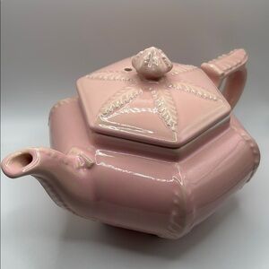 Vintage Victorian Rose Pink Teapot with Feather Plume and Starfish Design in EUC